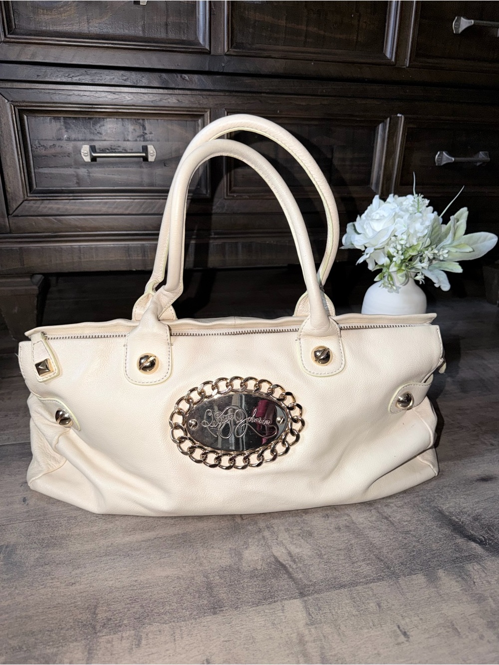 Vintage Betsey Johnson Leather Cream Satchel Bag with Gold Chain Plaque
